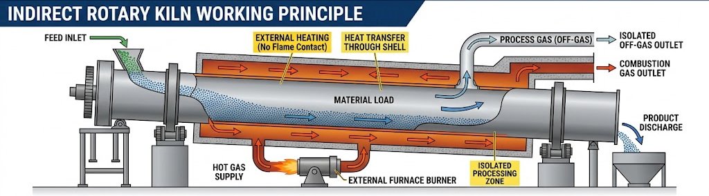 Indirect-fired-rotary-kiln-with-external-heating-chamber,-rotating-alloy-shell,-and-material-isolated-from-combustion-gases